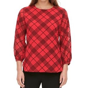 Calvin Klein Red Black Checkered Buffalo Plaid Academia Dressy Blouse NWT Small